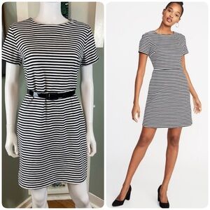 Old Navy Black White Striped Mini Sheath Dress shift knit Medium nautical M